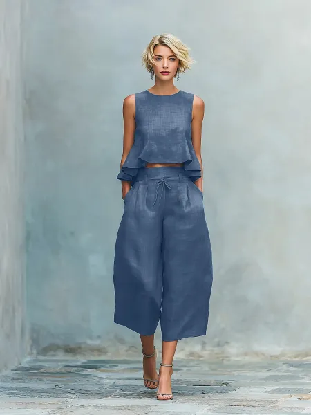 Design Linen Peplum Crop Top and Wide-Leg Culottes Set White - 7