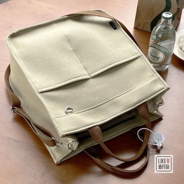 Design Canvas Tote Bag Beige with Brown Straps Handbag - 38
