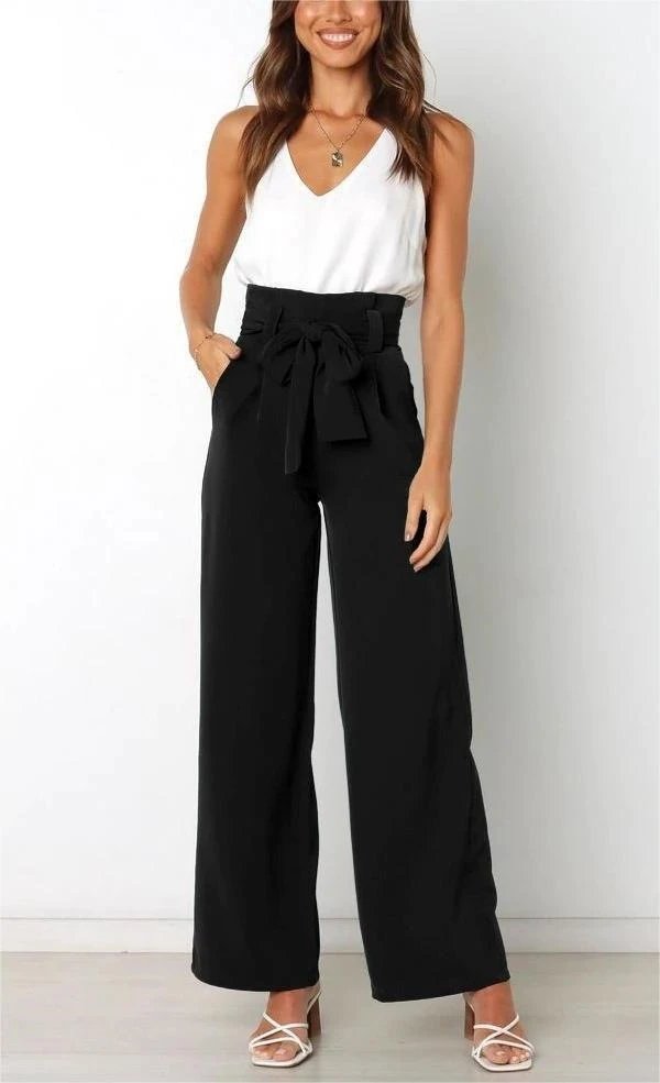 Design High-Waisted Paperbag Waist Wide-Leg Pants Black