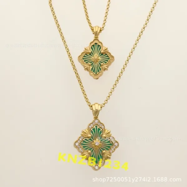 Design Four-Leaf Clover Enamel Pendant Necklace Gold Green Jewelry - 1