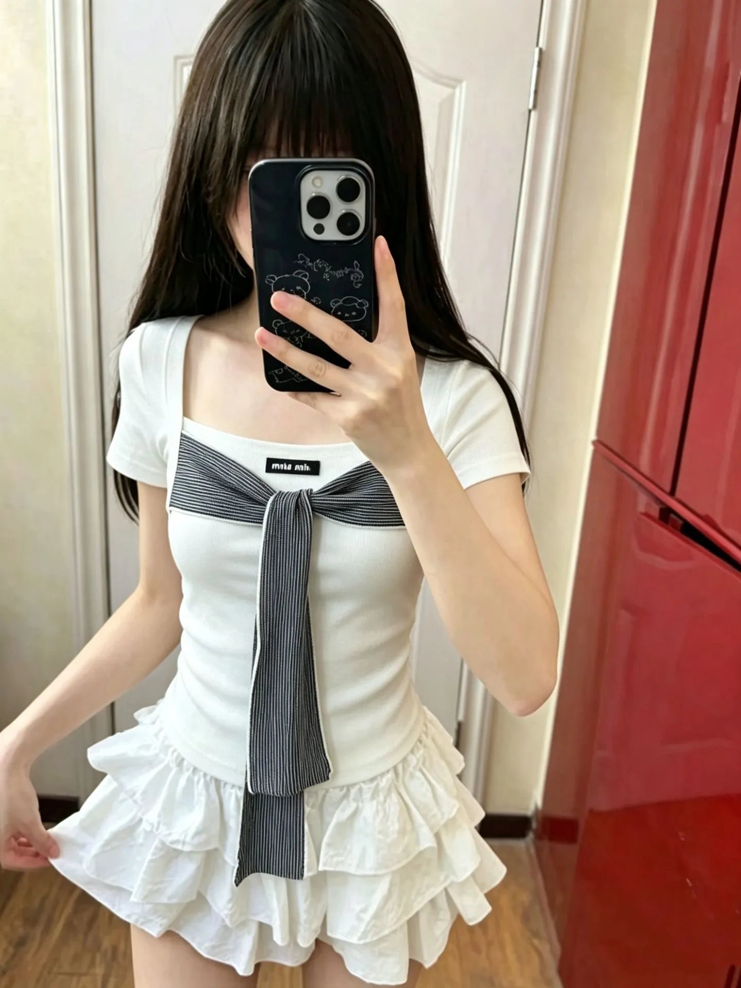 Miu Miu Knit Top with Striped Bow Detail Gray - 4