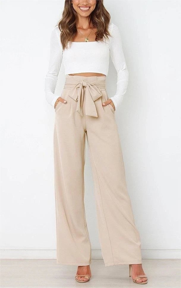 Design High-Waisted Tie-Waist Wide-Leg Pants Beige