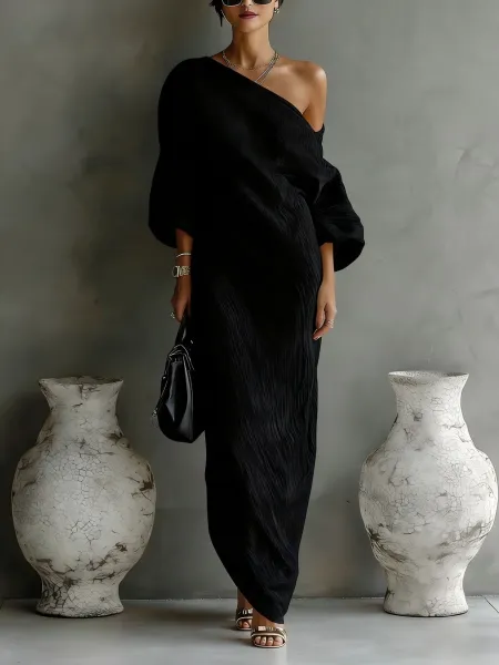 Design One-Shoulder Linen-Blend Maxi Dress Blue - 12