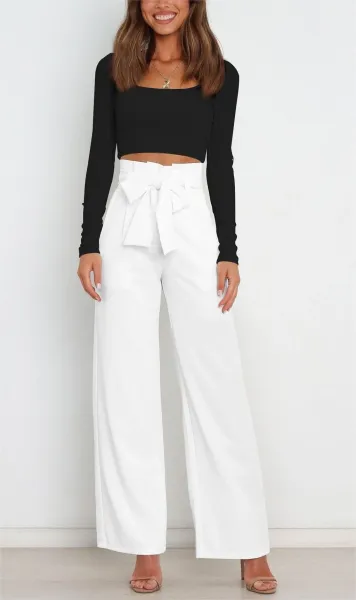 Design High-Waisted Paperbag Waist Wide-Leg Pants Black - 11
