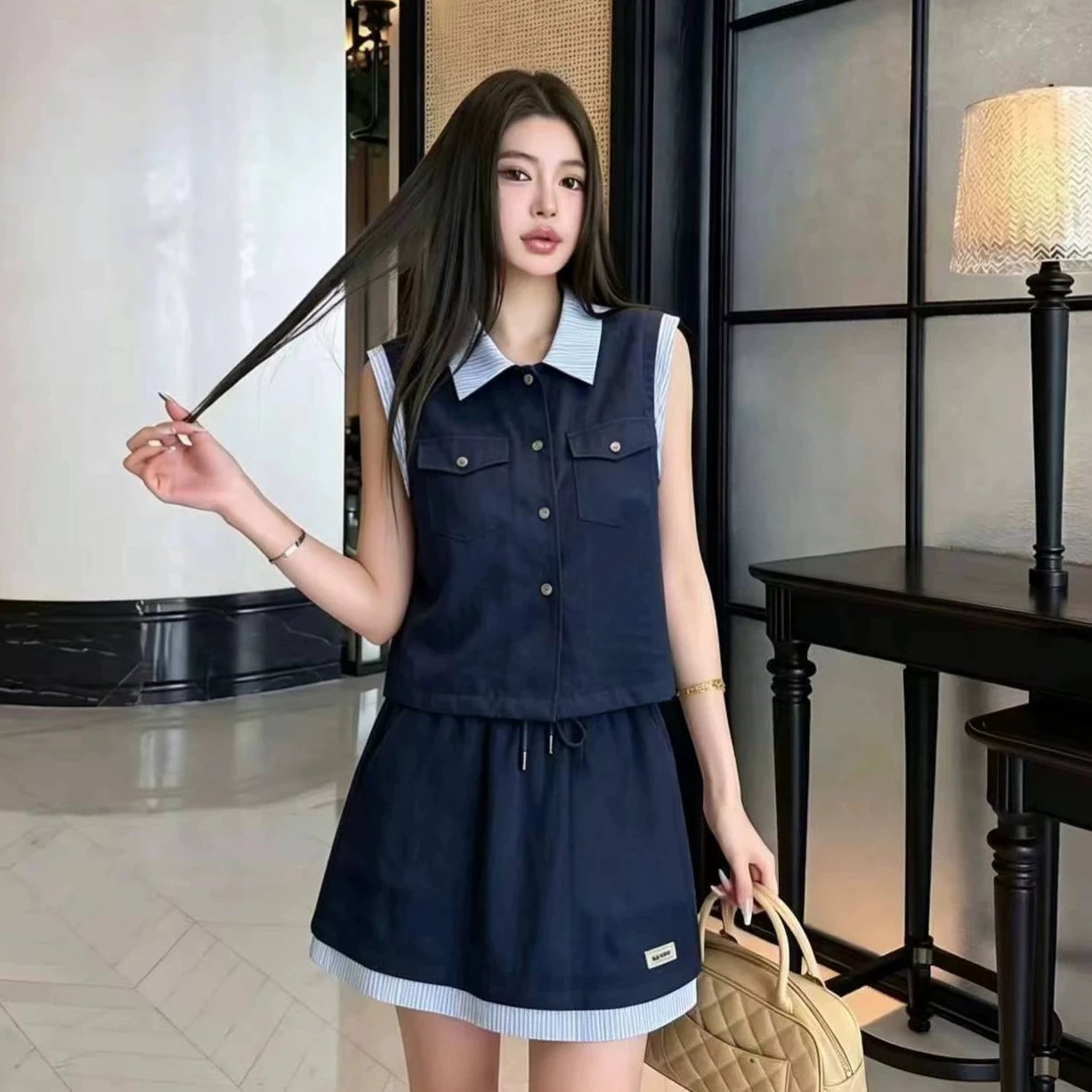 Denim Sleeveless Vest and Skirt Set Navy Blue Collar Style