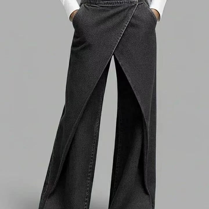 Denim Wide Leg Wrap Front Blue Casual Trousers