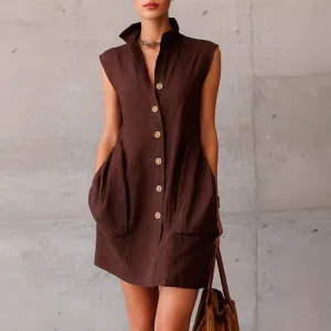 Design Sleeveless Button-Front Shirt Dress in Brown