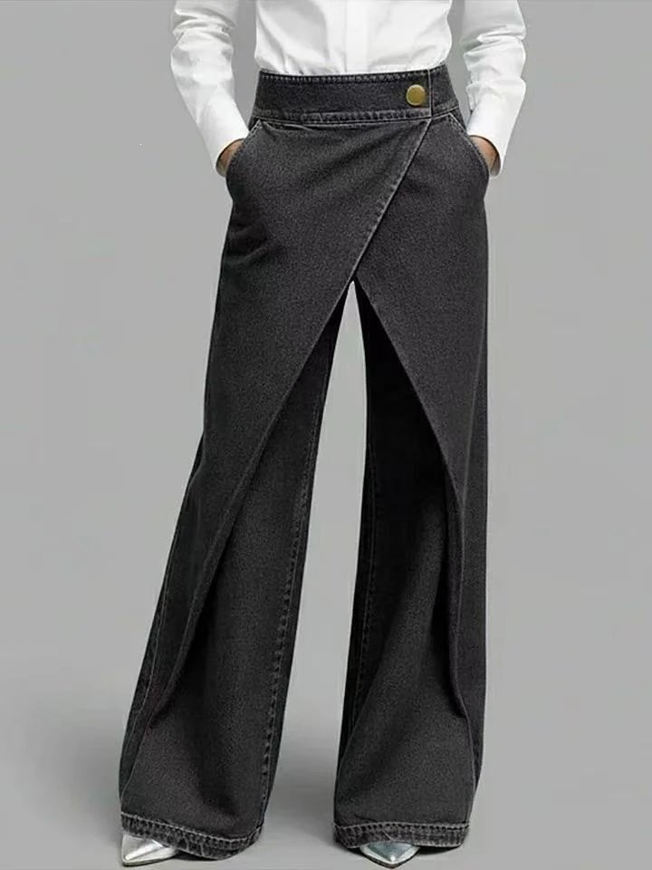 Design Wide-Leg Wrap-Front Denim Pants Charcoal Gray Jeans