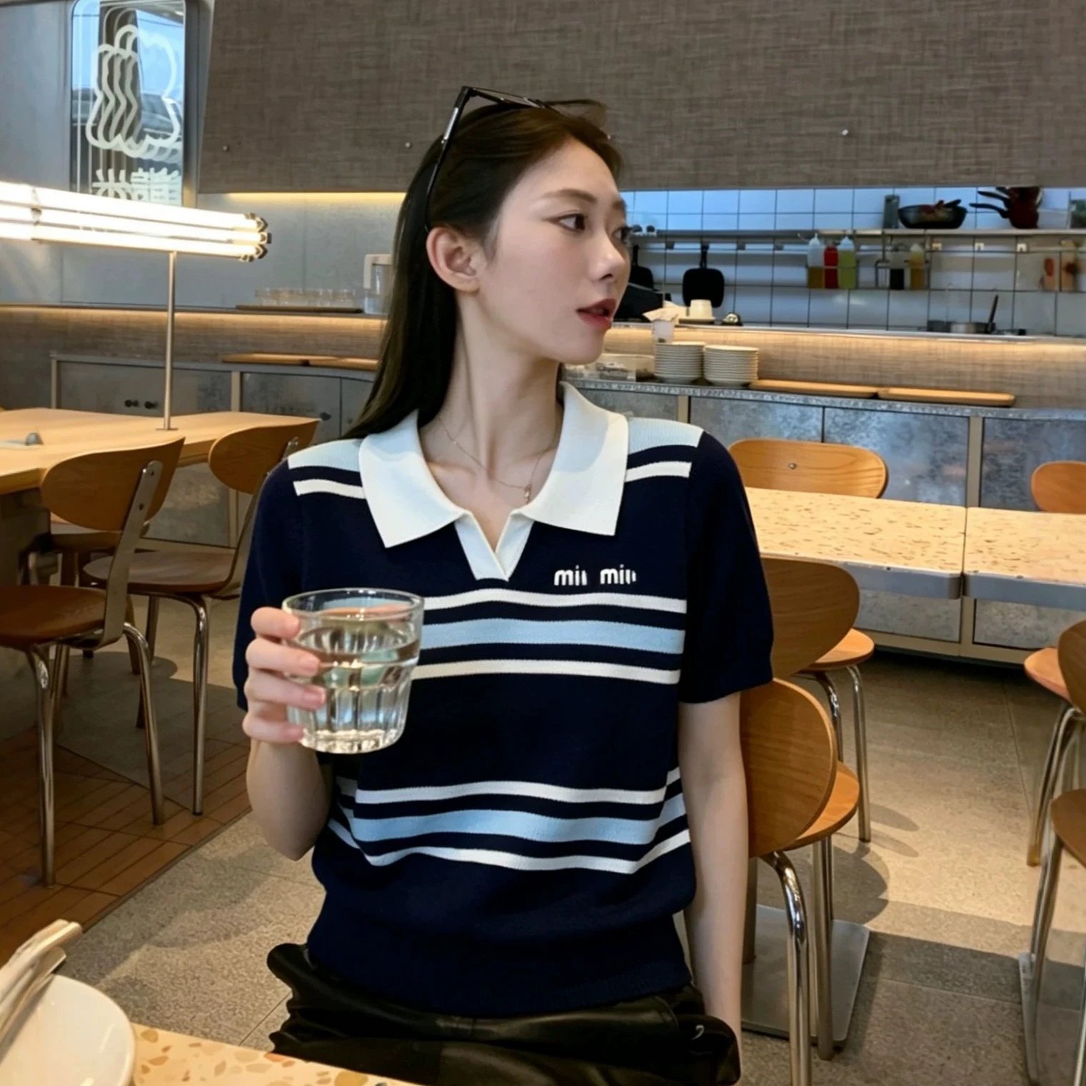 Miu Miu Knit Polo White Navy Blue Striped Preppy Top