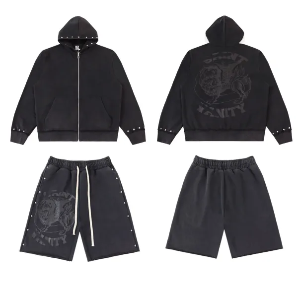 Design Saint Vanity Lion Embroidered Studded Hoodie and Shorts Set Black Sets - 1