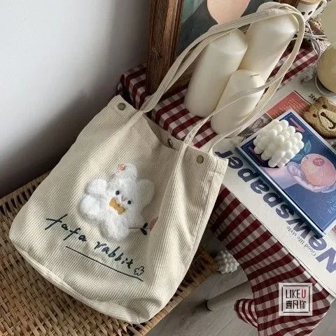 Design Fafa Rabbit Corduroy Tote Bag Beige - 1