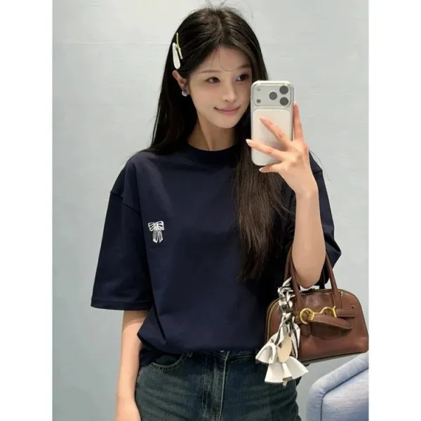Design Embroidered Bow T-Shirt Gray - 6