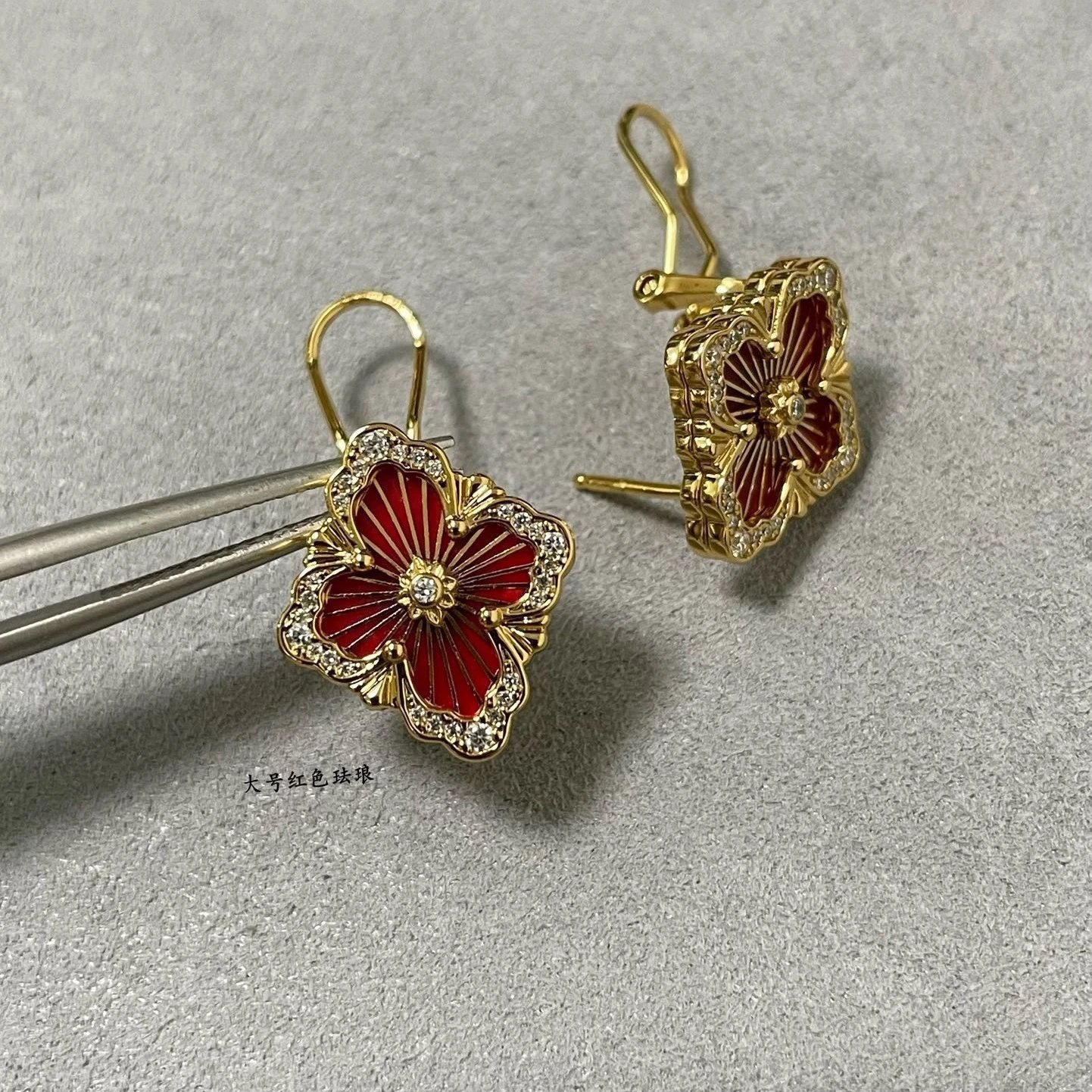 Design Floral Enamel Earrings with Red Guilloché Enamel and Cubic Zirconia - 35
