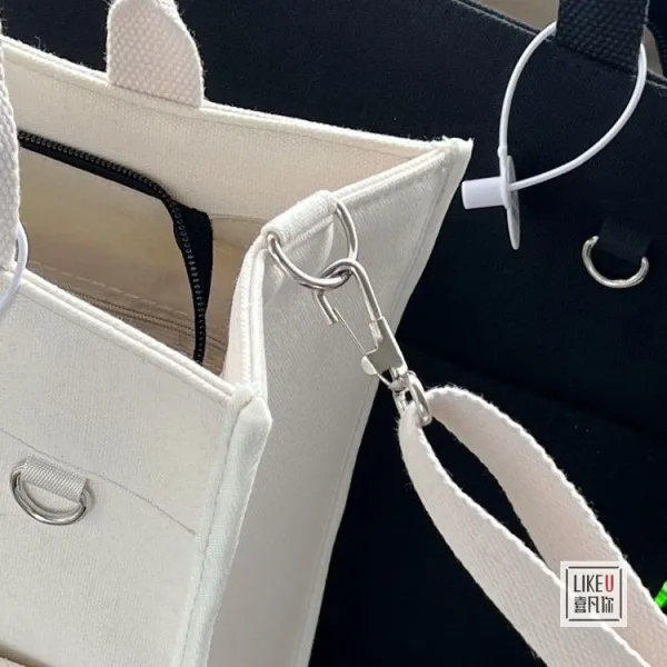 Design Canvas Tote Bag Beige with Brown Straps Handbag - 17