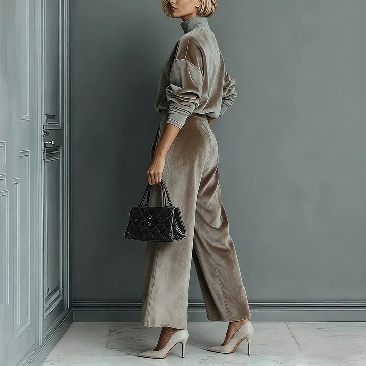 Velvet Turtleneck Sweater and Wide Leg Pants Set Taupe Elegant