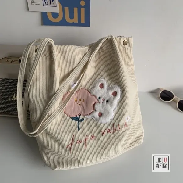 Design Tomato Rabbit Corduroy Tote Bag Beige - 13