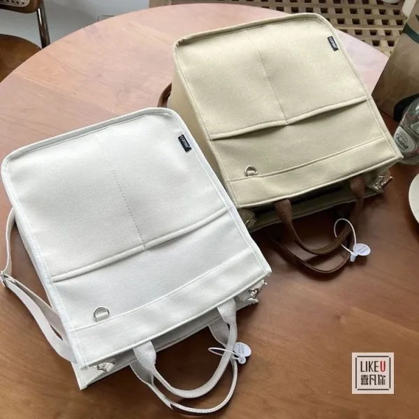 Design Canvas Tote Bag Beige with Brown Straps Handbag - 31