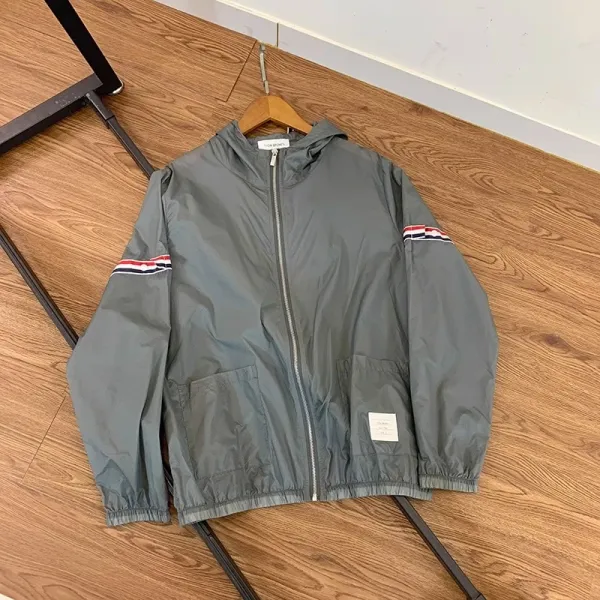 Thom Browne Windbreaker Navy Blue with Red-White-Blue Stripe Sleeve Detail Outerwear - 13