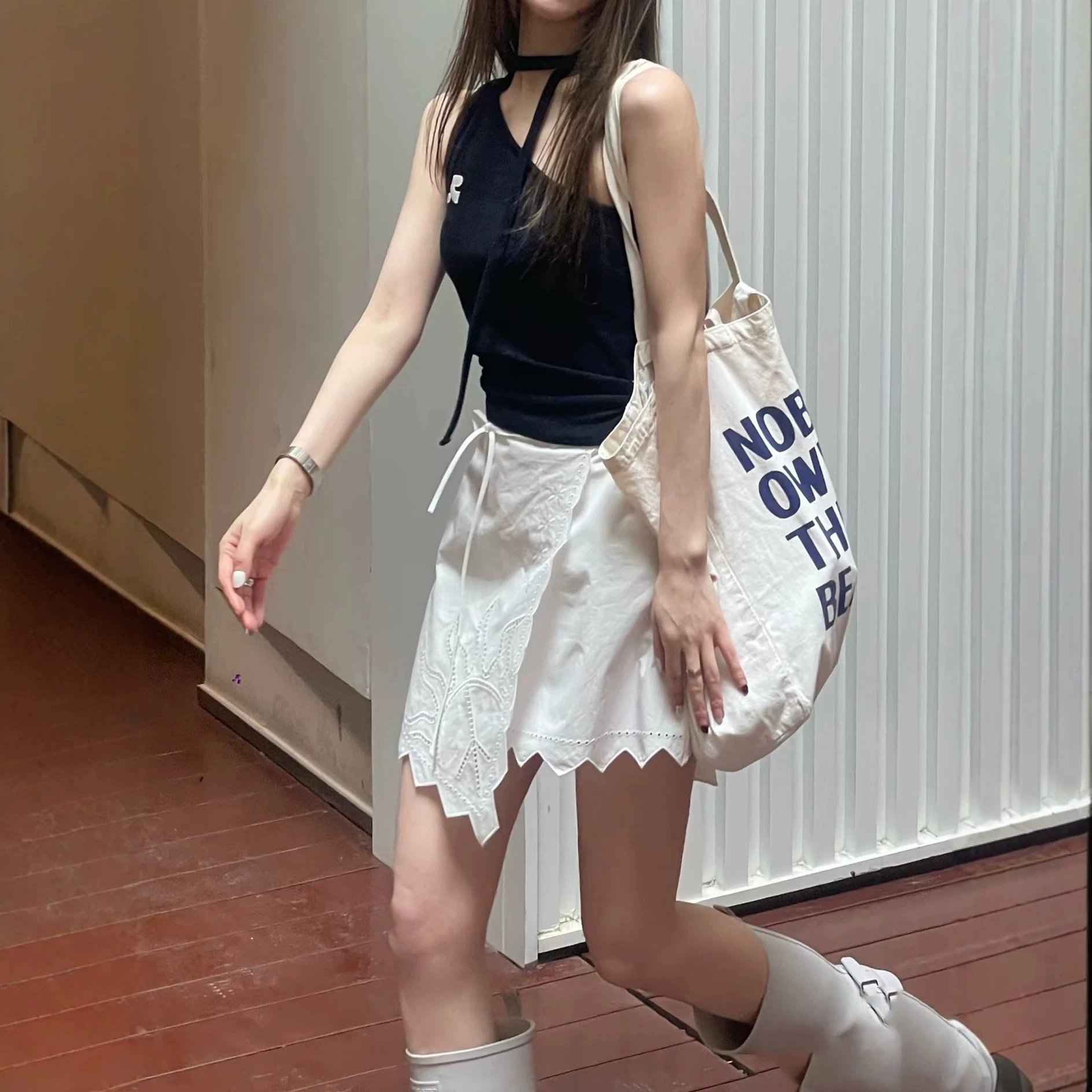 Black Asymmetrical Halter Crop Top White High-Waist Shorts