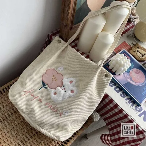Design Tomato Rabbit Corduroy Tote Bag Beige - 28