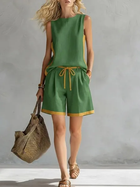 Design Two-Tone Green and Yellow Sleeveless Top and Shorts Set - 14