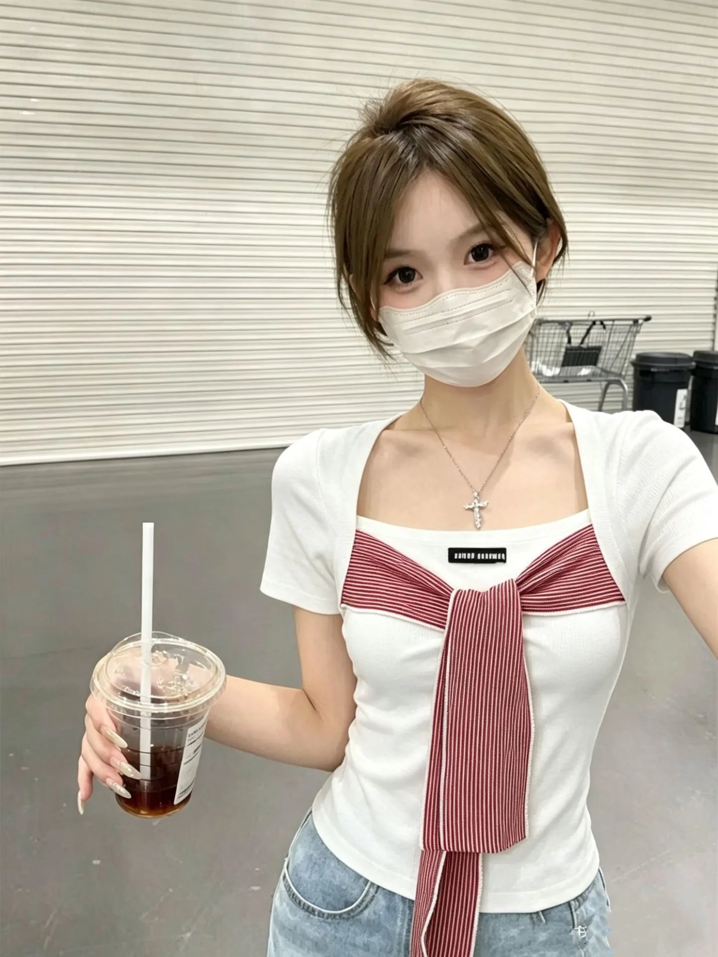 Miu Miu Knit Top with Striped Bow Detail Gray - 5