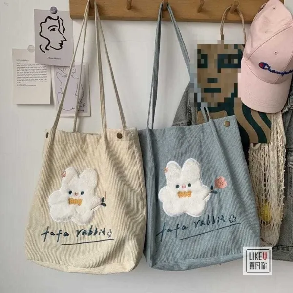 Design Tomato Rabbit Corduroy Tote Bag Beige - 33