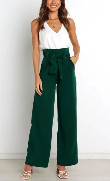 Design High-Waisted Paperbag Waist Wide-Leg Pants Black - 46