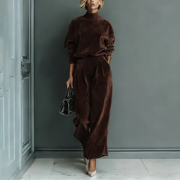 Design Velvet Turtleneck Top and Wide-Leg Pants Set Red Sets - 9