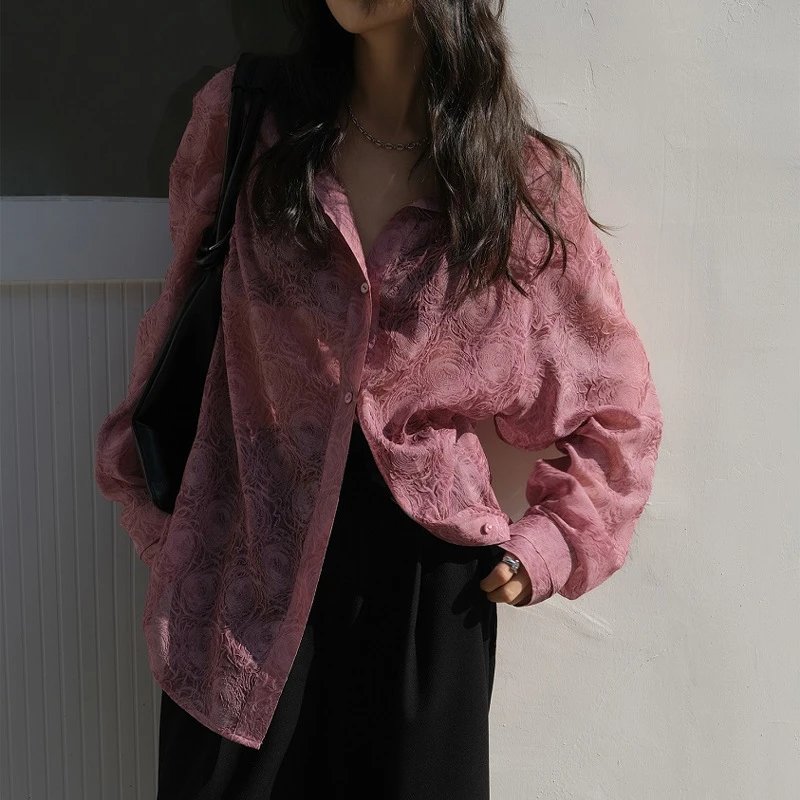 Sheer Floral Print Black Oversized Shirt