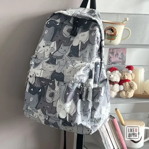 Design Cat Print Gray Multicolor Casual Backpack - 10