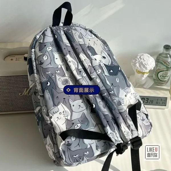 Design Cat Print Gray Multicolor Casual Backpack - 16