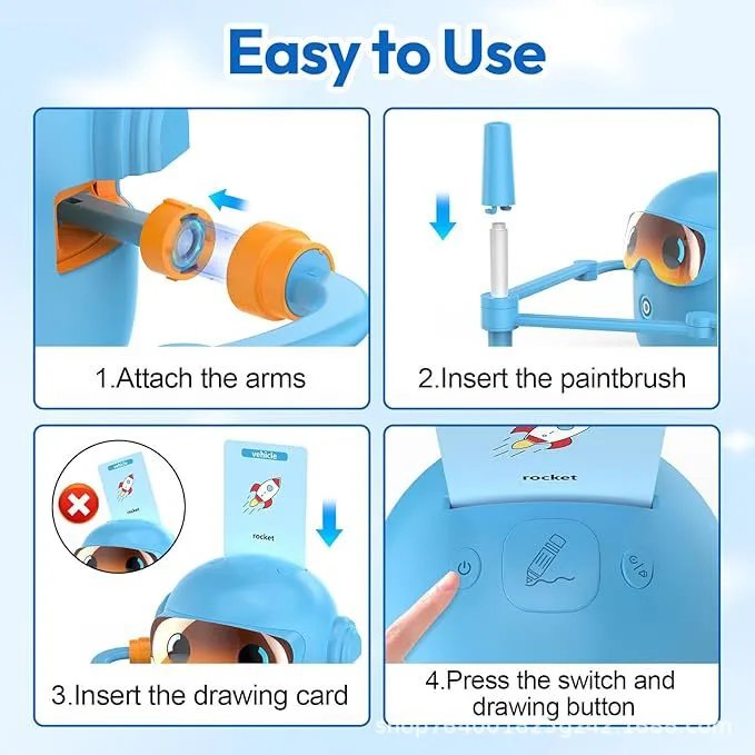 Blue Robot-Shaped Drawing Toy with Colorful Markers and Animal Flashcards Educational Toy