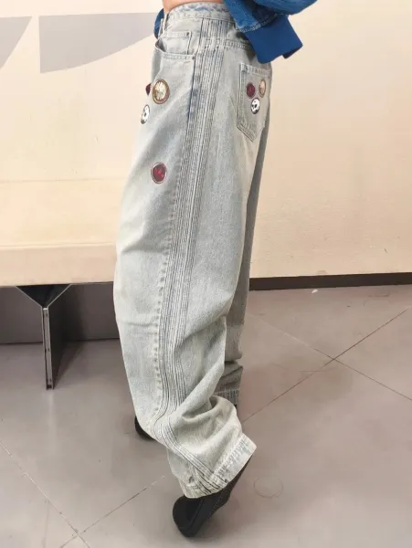 Design Custom Embellished Light Wash Wide-Leg Jeans - 11