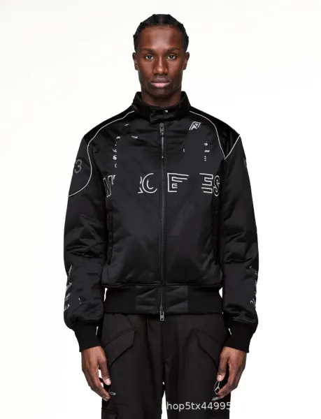 Design Satin Bomber Jacket with Abstract Text Print Black Outerwear - 11