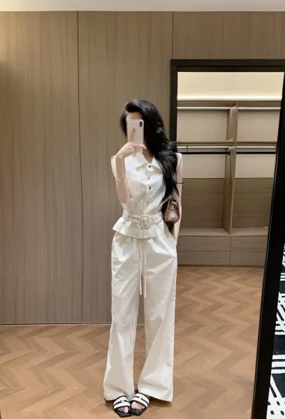 Design Sleeveless Shirt and Wide-Leg Pants Set White - 10