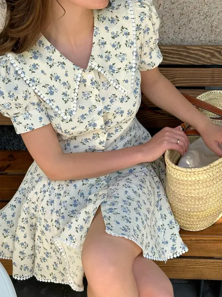 Design Floral Peter Pan Collar Dress with Pompom Trim Beige Blue Casual Dress - 7