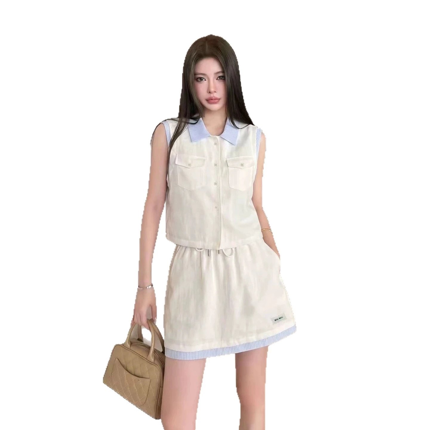 Denim Sleeveless Vest and Skirt Set Navy Blue Collar Style