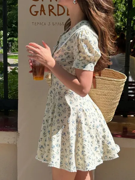 Design Floral Peter Pan Collar Dress with Pompom Trim Beige Blue Casual Dress - 10