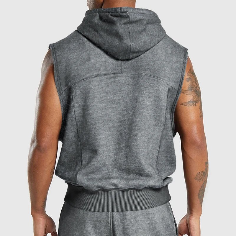 Design Sleeveless Hoodie Navy Acid Wash Vest-Top - 11