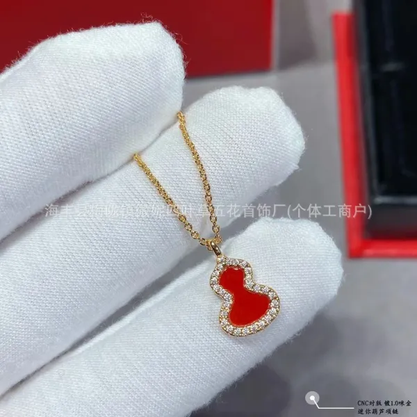 Design Mini Gourd Pendant Necklace Red Enamel Gold-Plated Chain Jewelry - 1