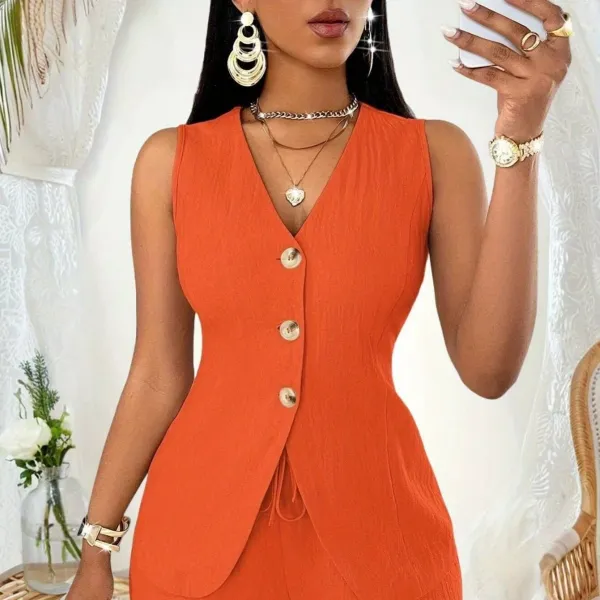 Design Yellow V-Neck Button-Front Blazer Shorts Set - 7
