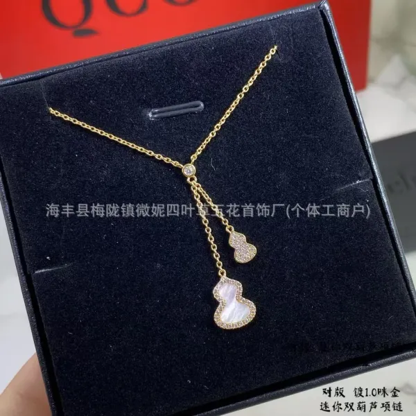 Design Mini Double Gourd Pendant Necklace in Gold with Mother-of-Pearl and Cubic Zirconia Jewelry - 1