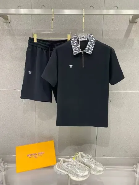 Louis Vuitton Monogram Collar Half-Zip Polo Black with Matching Shorts and Silver Chunky Sneakers Polo Shirt - 1