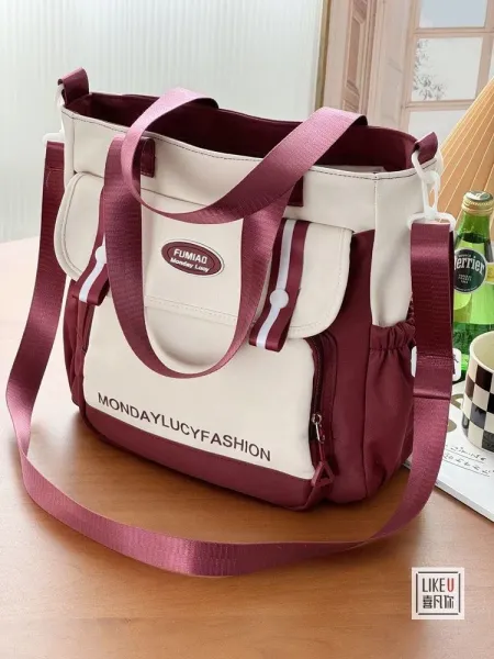 Design FUMIAO Monday Lucy Fashion Tote Bag Burgundy and Cream Tote Bag - 38