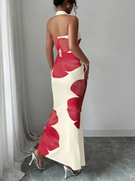 Design Floral Print Halter Neck Maxi Dress Beige Red - 7