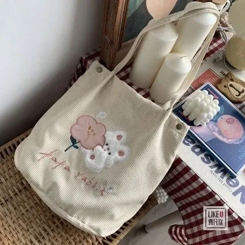 Design Corduroy Tote Bag with Embroidered Floral Bear Motif Beige - 1