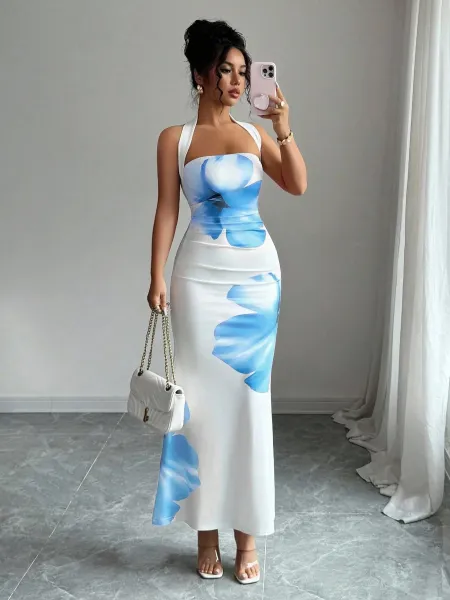 Design Floral Print Halter Neck Maxi Dress Beige Red - 12