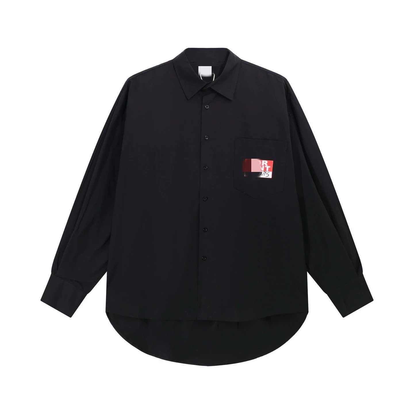 Black Oversized Button-Up Shirt with Graphic Patch Pocket