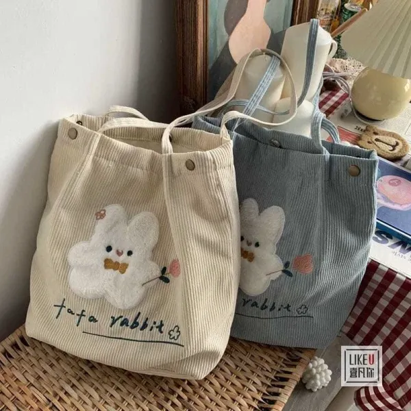 Design Tomato Rabbit Corduroy Tote Bag Beige - 3